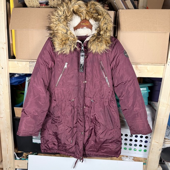 bebe Jackets & Blazers - Bebe Women Parka Jacket Fur‎ Hood Lined Pockets Drawstring Burgundy Size L